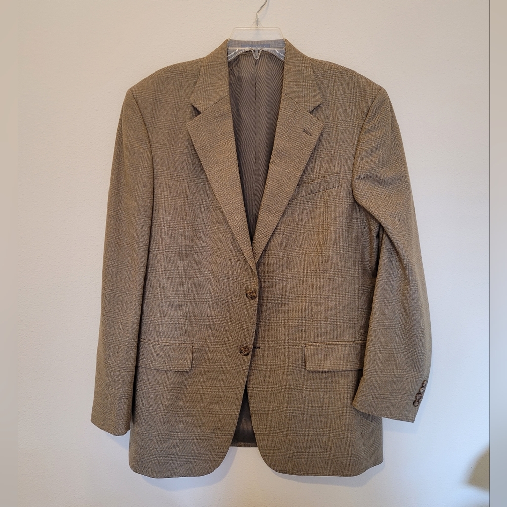 Oscar de la Renta Sport Coat Jacket Blazer Wool Subtle Windowpane Plaid Tan Long